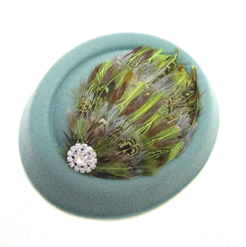 Sage Green Brown Pheasant Feather Pillbox Hat Fascinator 1940s Hair Vintage 1368