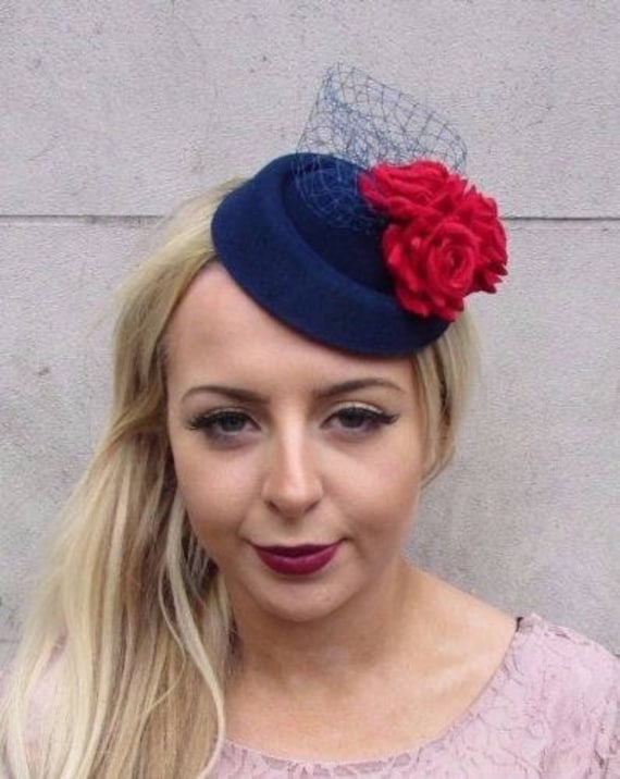 Navy Blue Red Rose Flower Pillbox Hat 