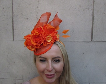 Orange Flower Fascinator Floral Pillbox Hat Sinamay Wedding Races Hair Fascinator Headpiece Hairband or Clips Rose SH-20