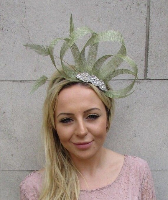 Sage Light Olive Green Silver Sinamay Feather Hair Fascinator Etsy