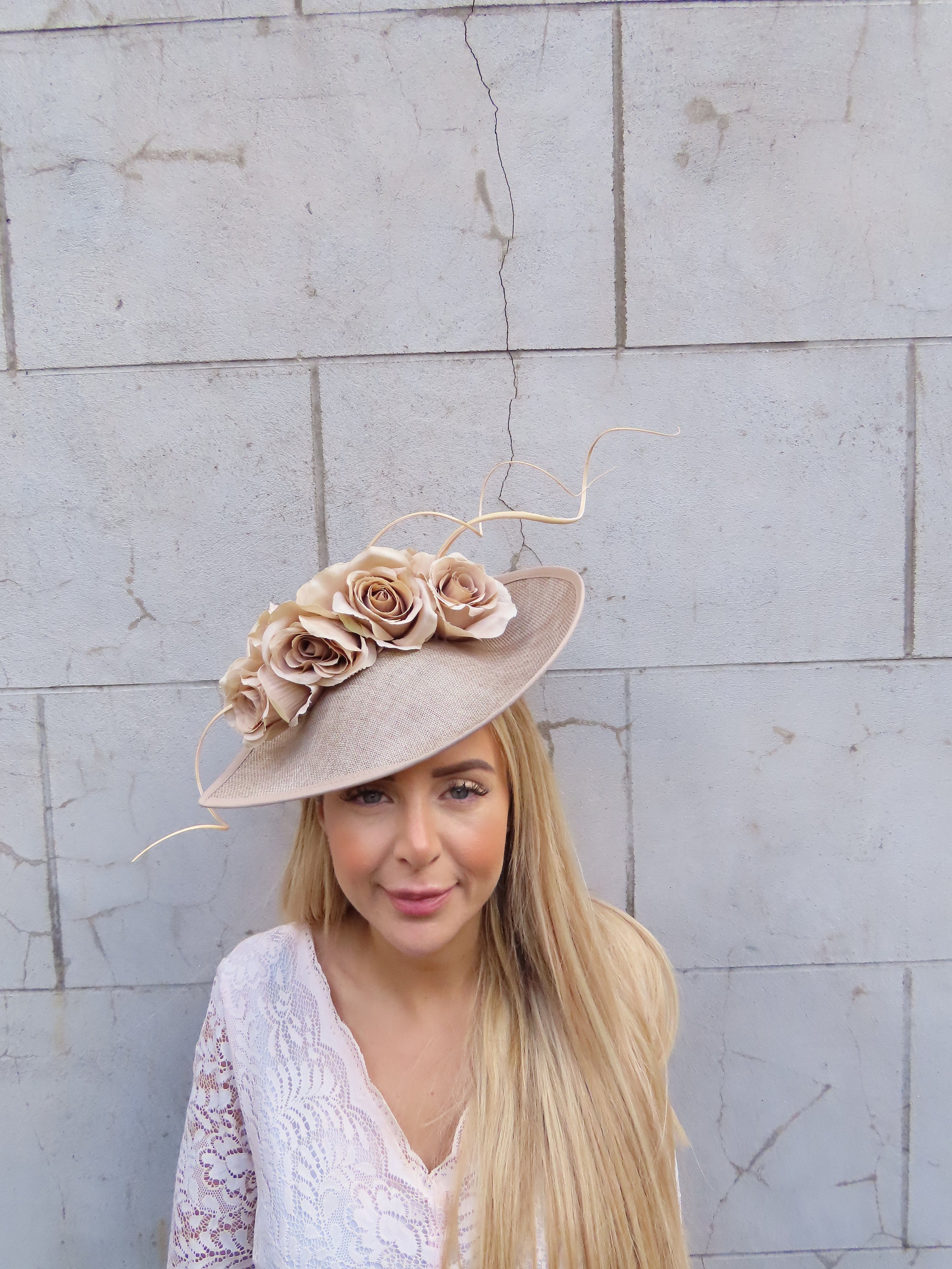 Fascinator yellow feathers, cream and rust flowers Clip On Yellow Fascinator with Loops & Feather Flower main image 2