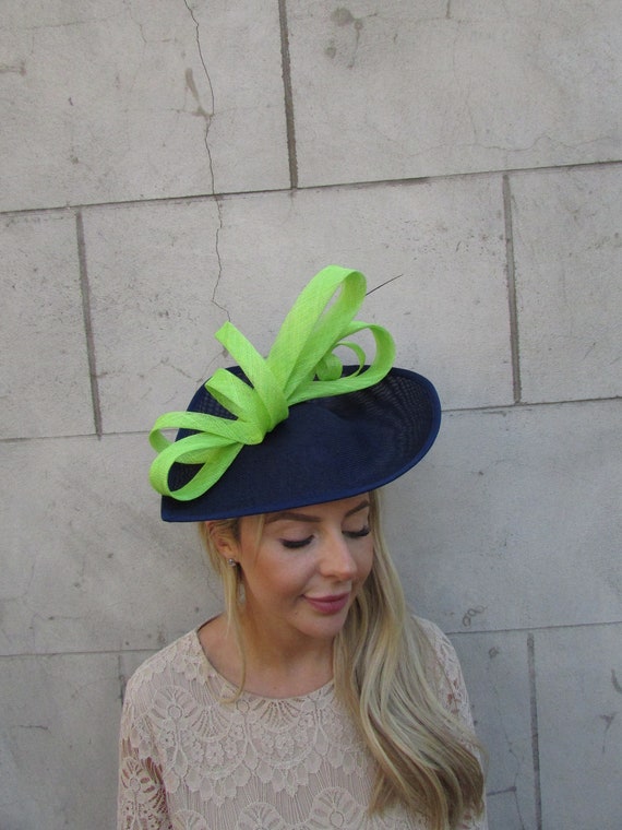 One Off Piece - Large Navy Blue Lime Green Neon Fascinator Hat Big Teardrop Headband Wedding Races Hatinator Headpiece u11007
