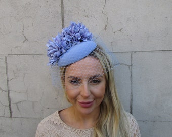 Light Cornflower Blue Periwinkle Pale Hyacinth Flower Birdcage Veil Fascinator Pillbox Hat Races Wedding Vintage Style Blusher Lilac sh-341