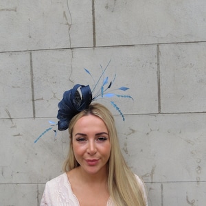 Navy Blue & Cornflower Dusty Blue Feather Sinamay Fascinator Wedding Guest Headband Headpiece Races One off Piece - u12207