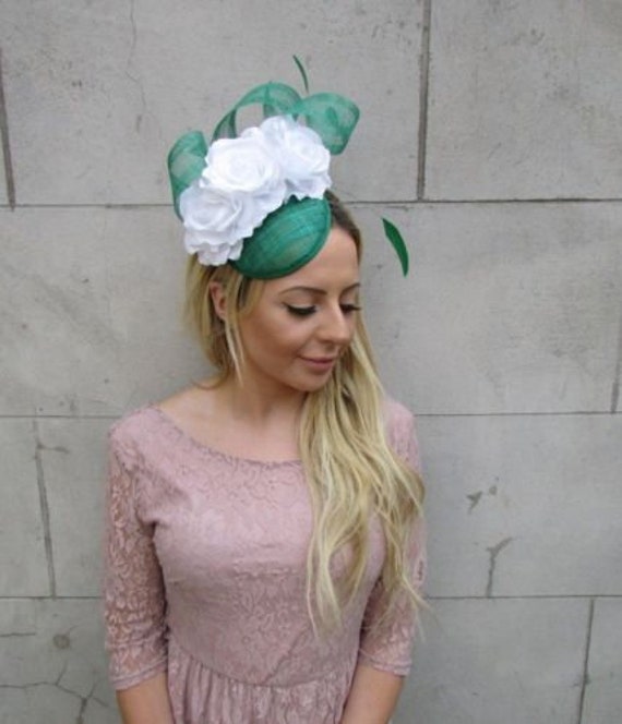 White Emerald Green Rose Flower Feather Hat Fascinator Races Wedding Hair 6112 White Emerald Green Rose Flower Feather Hat Fascinator Races Wedding Hair 6112