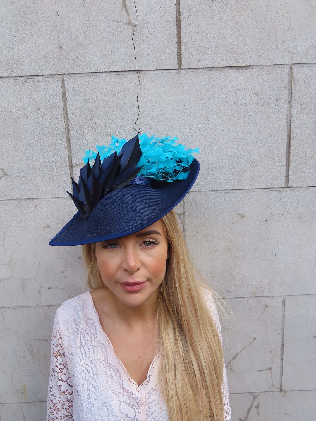 Large Navy Blue Teal Turquoise Blue Feather Fascinator Hat Big