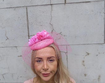 Baby Pink Rose Flower Birdcage Veil Fascinator Pillbox Hat Races Wedding Guest Headpiece Light Pink Sinamay u12710