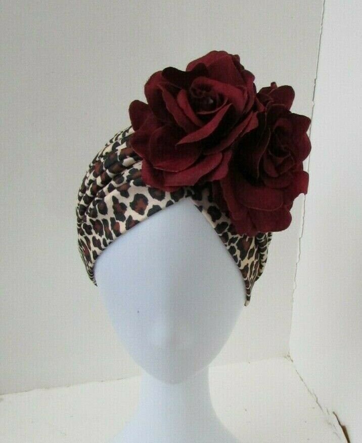 Burgundy Wine Red Maroon Leopard Print Rose Flower Turban Floral 1940s Hat 0849 
