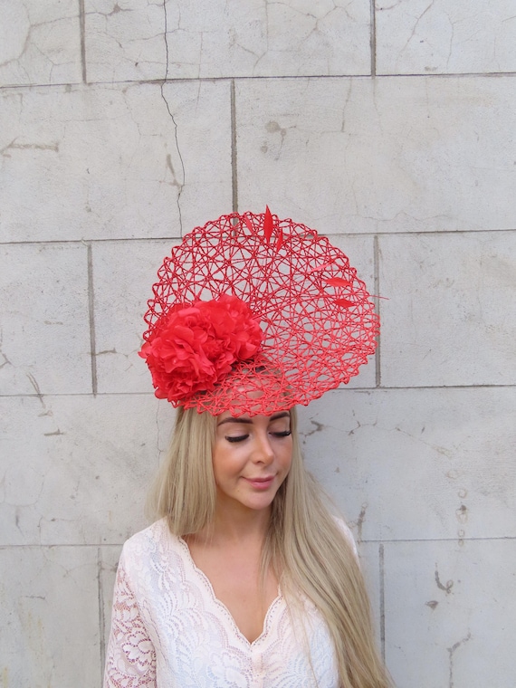 Large Red Flower Feather Hat Fascinator Wedding Races 