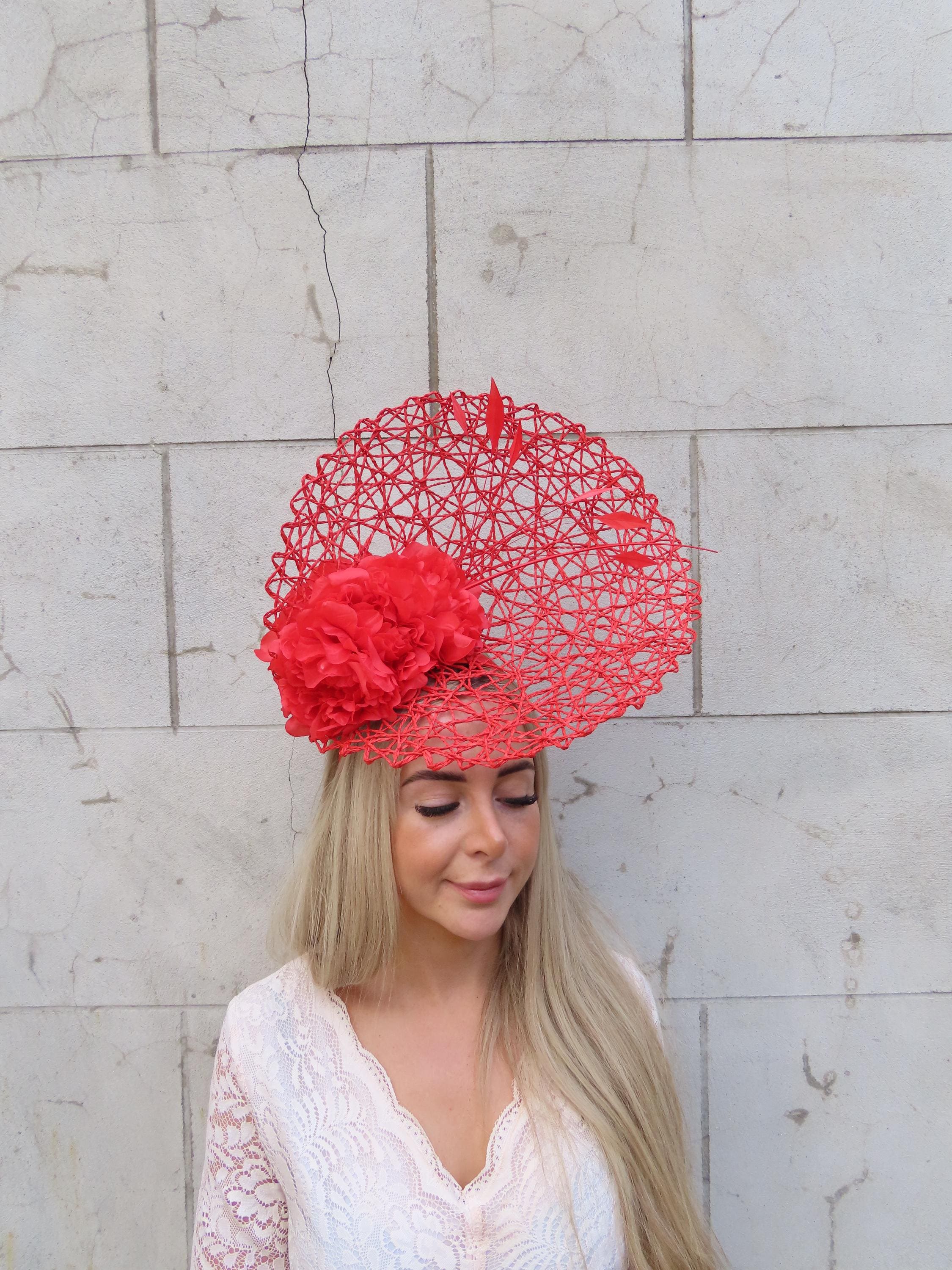 Large Red Flower Feather Hat Fascinator Wedding Races  display picture 2