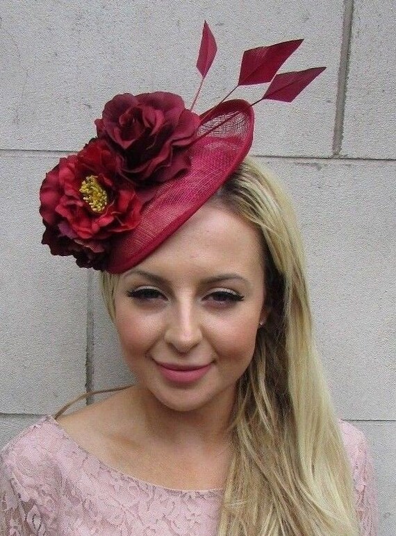 Burgundy Wine Red Feather Flower Sinamay Disc Saucer Hat  display picture 1