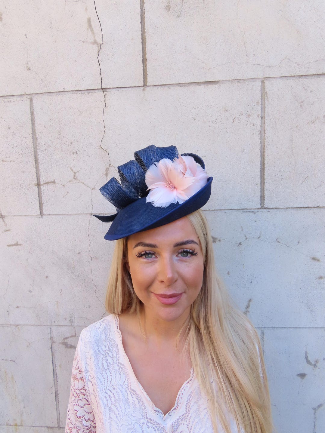 Large Navy Blue & Light Blush Pink Disc Feather Flower Fascinator Hat ...