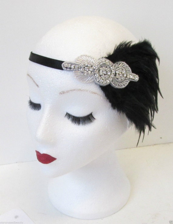 Black & Silver Feather Headpiece Flapper Vintage 1920s Great Gatsby Headband M93 Black & Silver Feather Headpiece Flapper Vintage 1920s Great Gatsby Headband M93