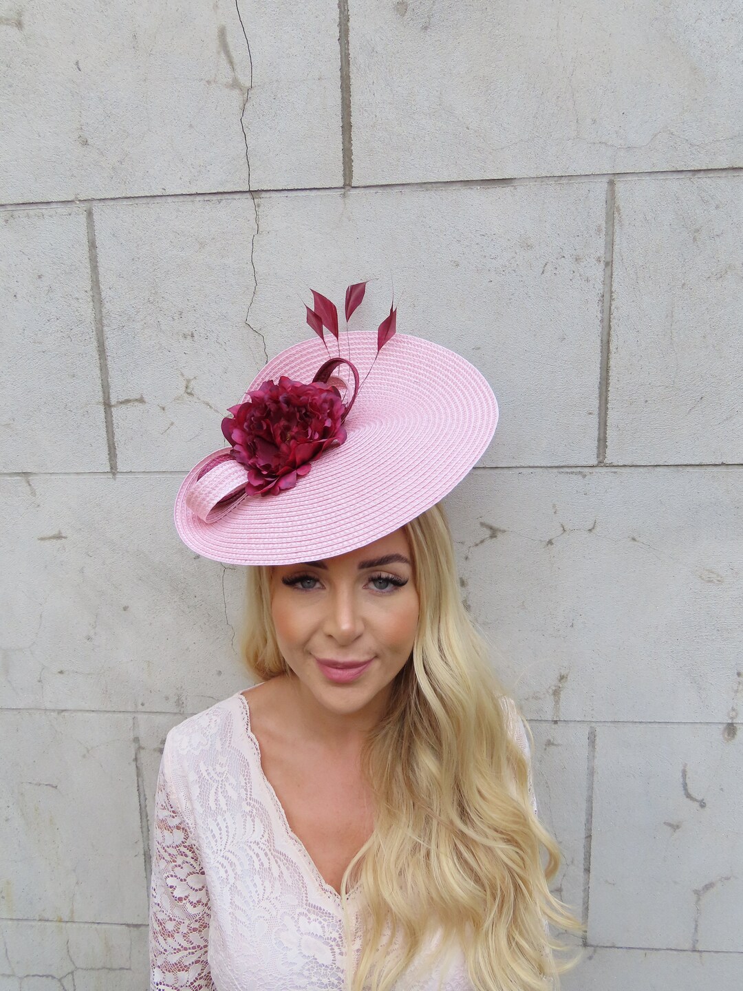 One off Piece Large Blush Pink & Burgundy Feather Flower Hat Fascinator ...