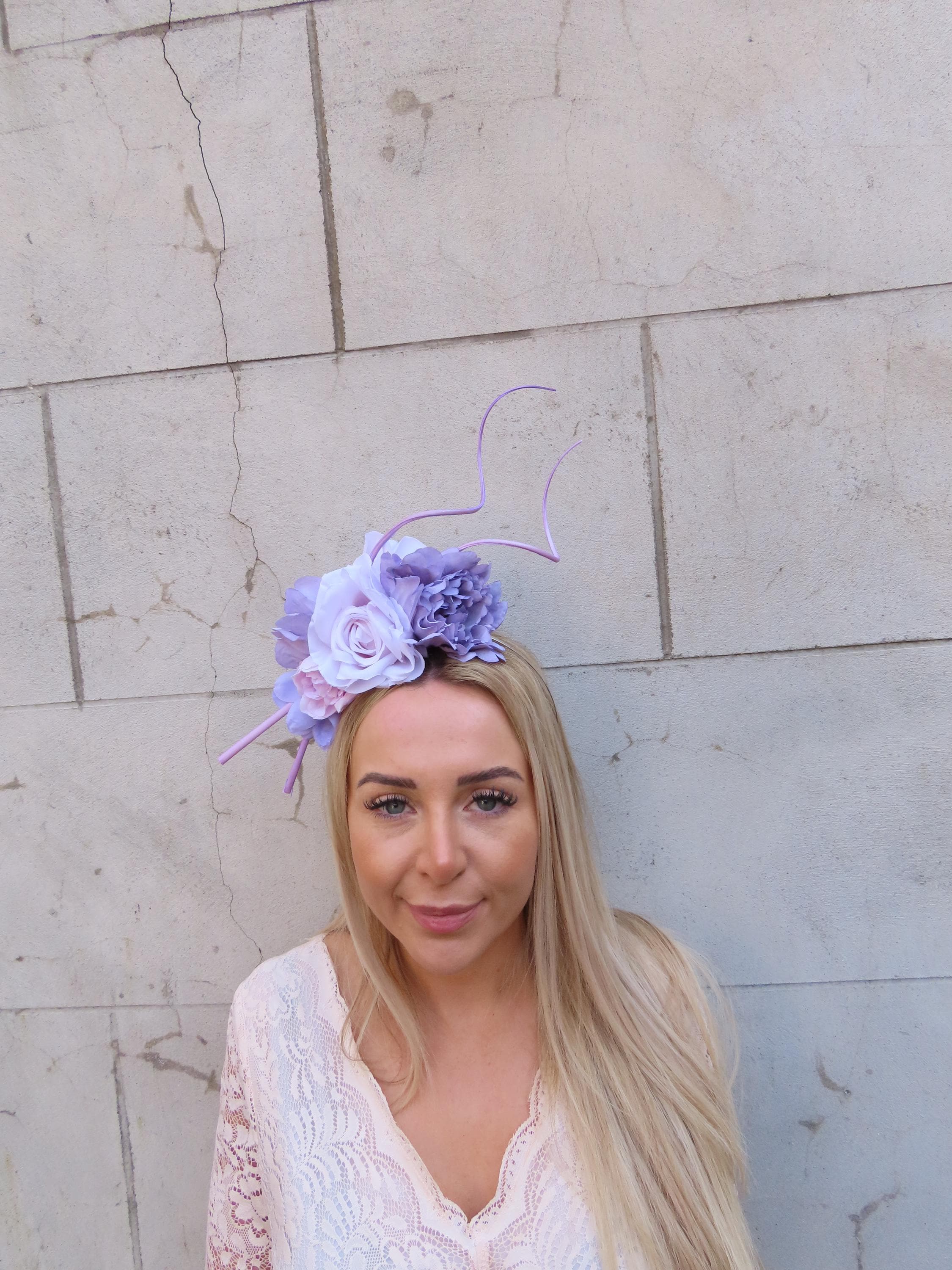 Purple Floral Fascinator Hat Headband Lavender Rose Statement Headwear Lavender lilac purple flower fascinator disc saucer hat  main image 4