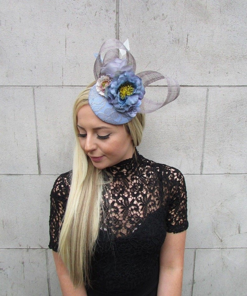 Light Cornflower Blue Grey Flower Feather Hat Fascinator Races Etsy UK