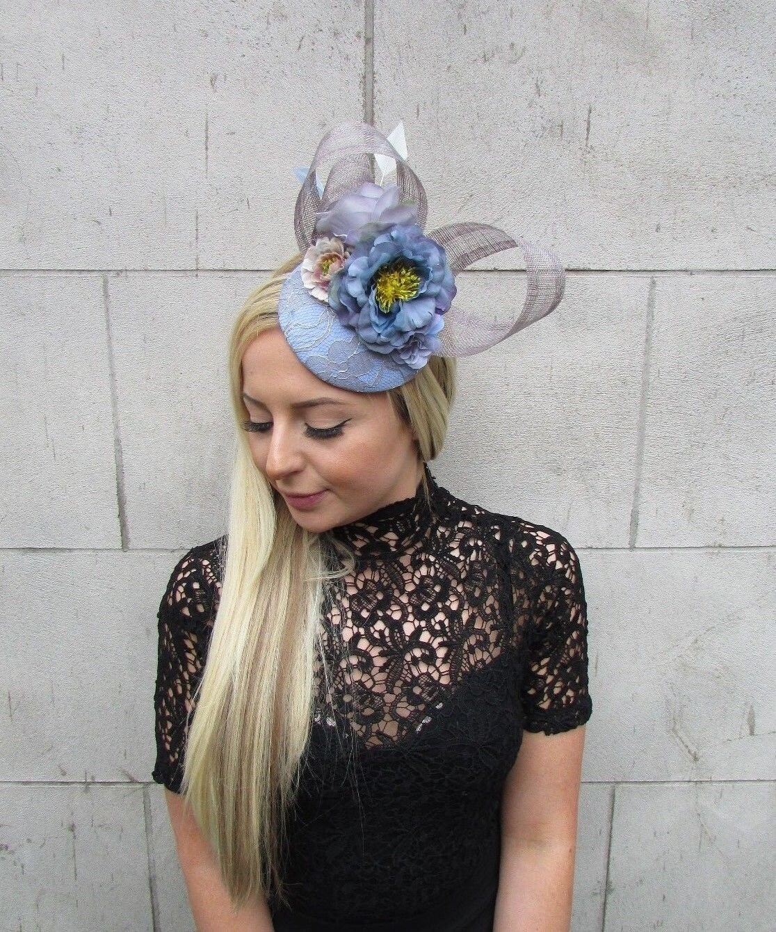 Light Cornflower Blue Grey Flower Feather Hat Fascinator Races Etsy UK