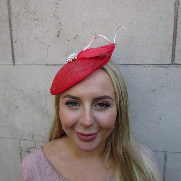 Red Ivory Feather Fascinator Disc Saucer Hat Sinamay Wedding Races Headband Hairband Pearl Cream 0980