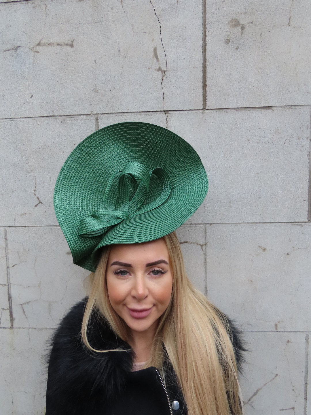 One off Piece Large Dark Forest Green Straw Hat Fascinator Wedding
