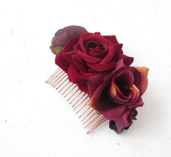 Burgundy Wine Deep Red Purple Rose Flower Hair Comb Fascinator Bridesmaid 5144