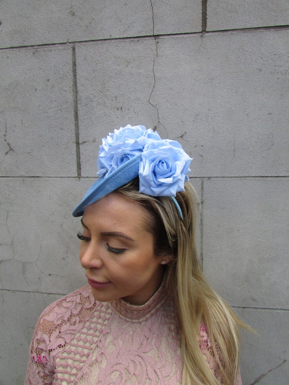 Blue Grey Felt Rosette Fascinator Headband Large Light Blue Rose Teardrop Fascinator Hat Headband  main image 2