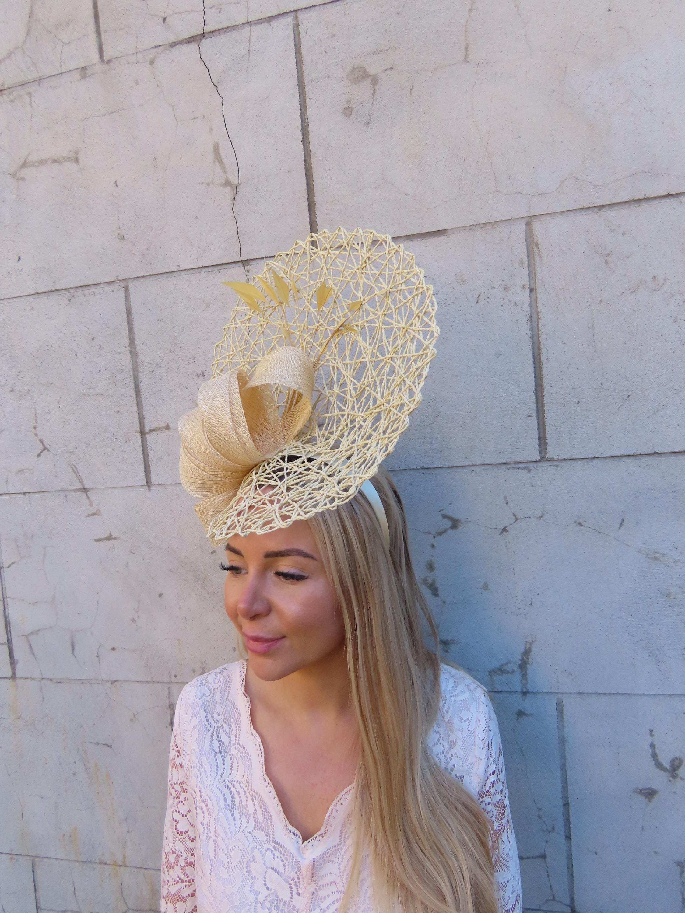 Large Beige Champagne Gold Hat Fascinator Wedding Races 