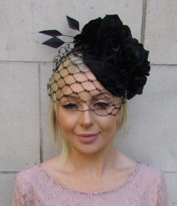 Black Rose Feather Birdcage Veil Flower 