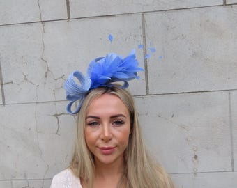 Light Cornflower Blue Periwinkle Fascinator Headband Feather Headpiece Races Wedding Guest Sinamay One off Piece - u10707
