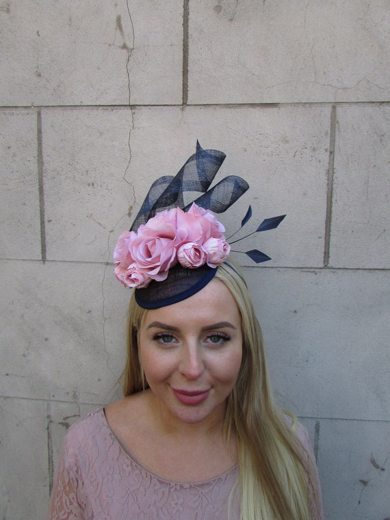 Navy Blue Blush Pink Flower Fascinator 