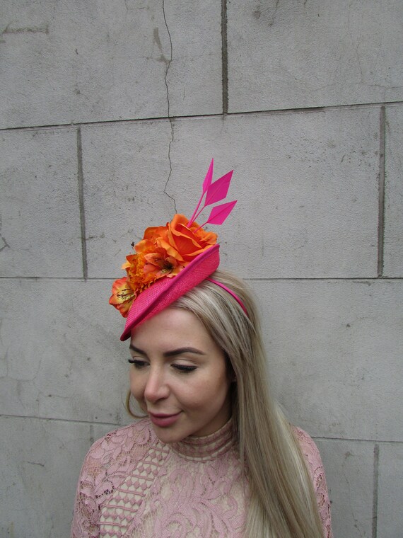 Orange Hot Pink Fascinator Hat Sinamay Disc Saucer Headpiece  display picture 1