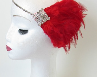 Red Silver Feather Headpiece Flapper 1920s Vintage Headband Great Gatsby 30s Rhinestone Diamante Elasticated Dress Charleston  u1b88