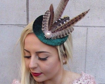 Dark Green Brown Pheasant Feather Pillbox Hat Fascinator Races Velvet Hair u1z68