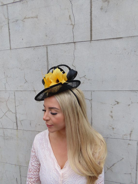 Black Fascinator Hat with Yellow & Gray Floral Accents Kentucky Derby Fascinator Hat | Beige and Navy Blue Headband  main image 4