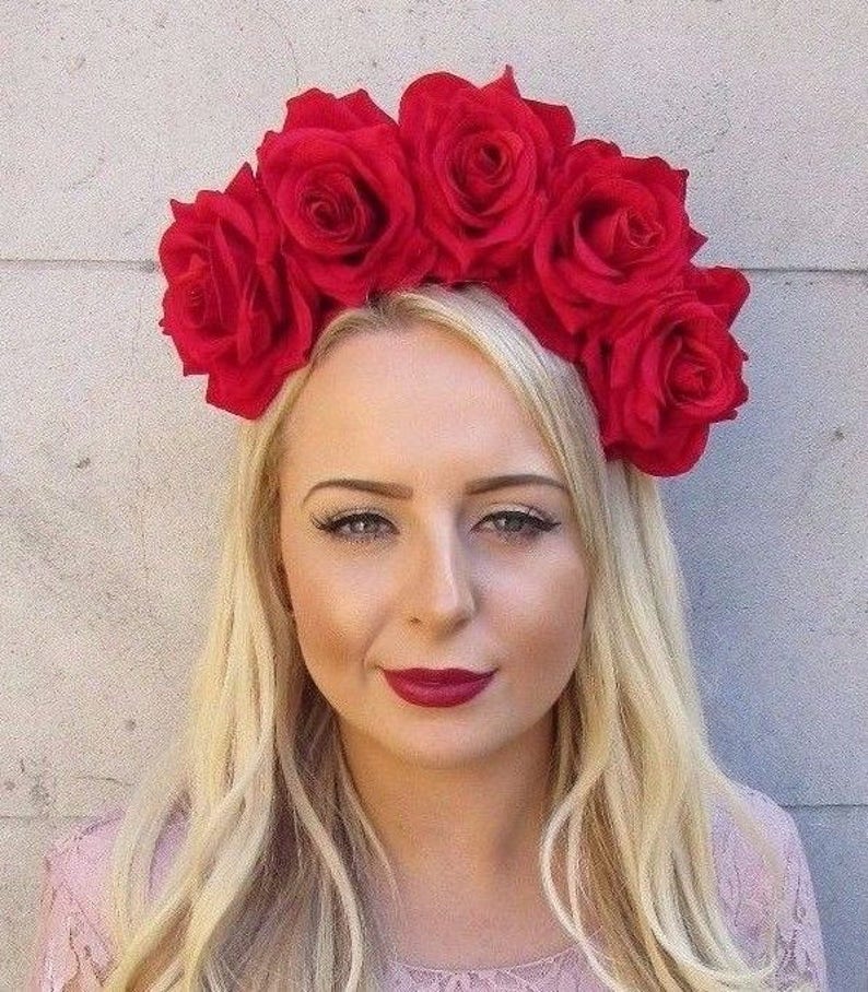 Large Red Rose Flower Sugar Skull Headband Big Hair Crown Day of the Dead sh-194 Halloween Headpiece Floral Garland image 1