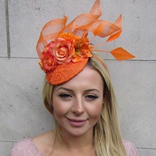 Orange Rose Flower Feather Pillbox Hat 