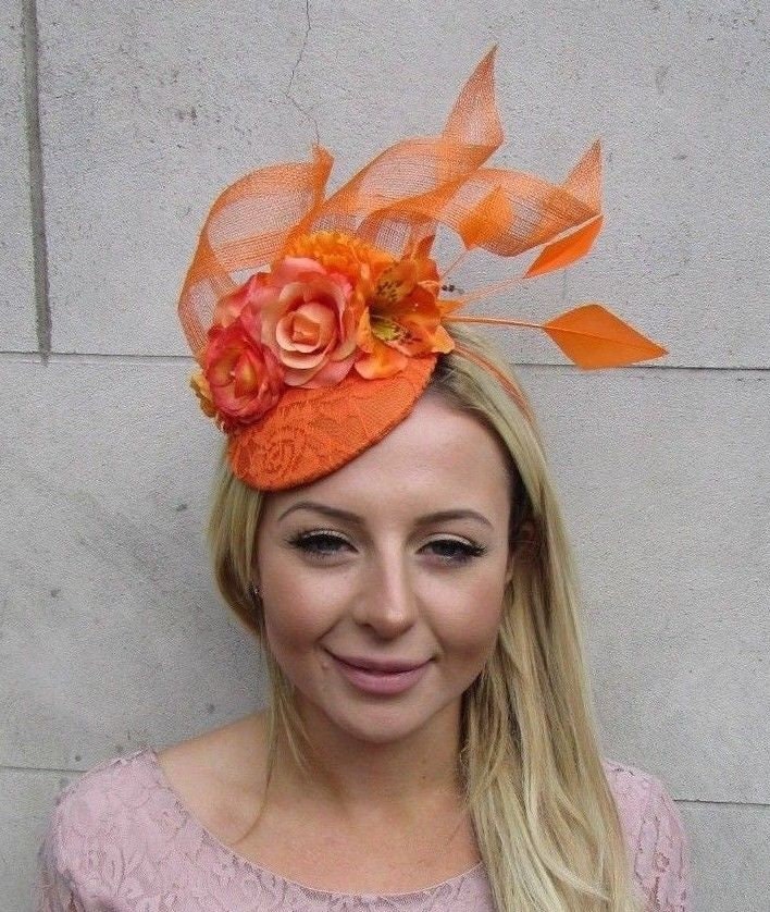 Orange Rose Flower Feather Pillbox Hat 