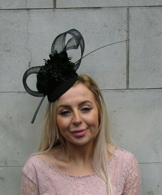 Black Rose Floral Flower Feather Hat 