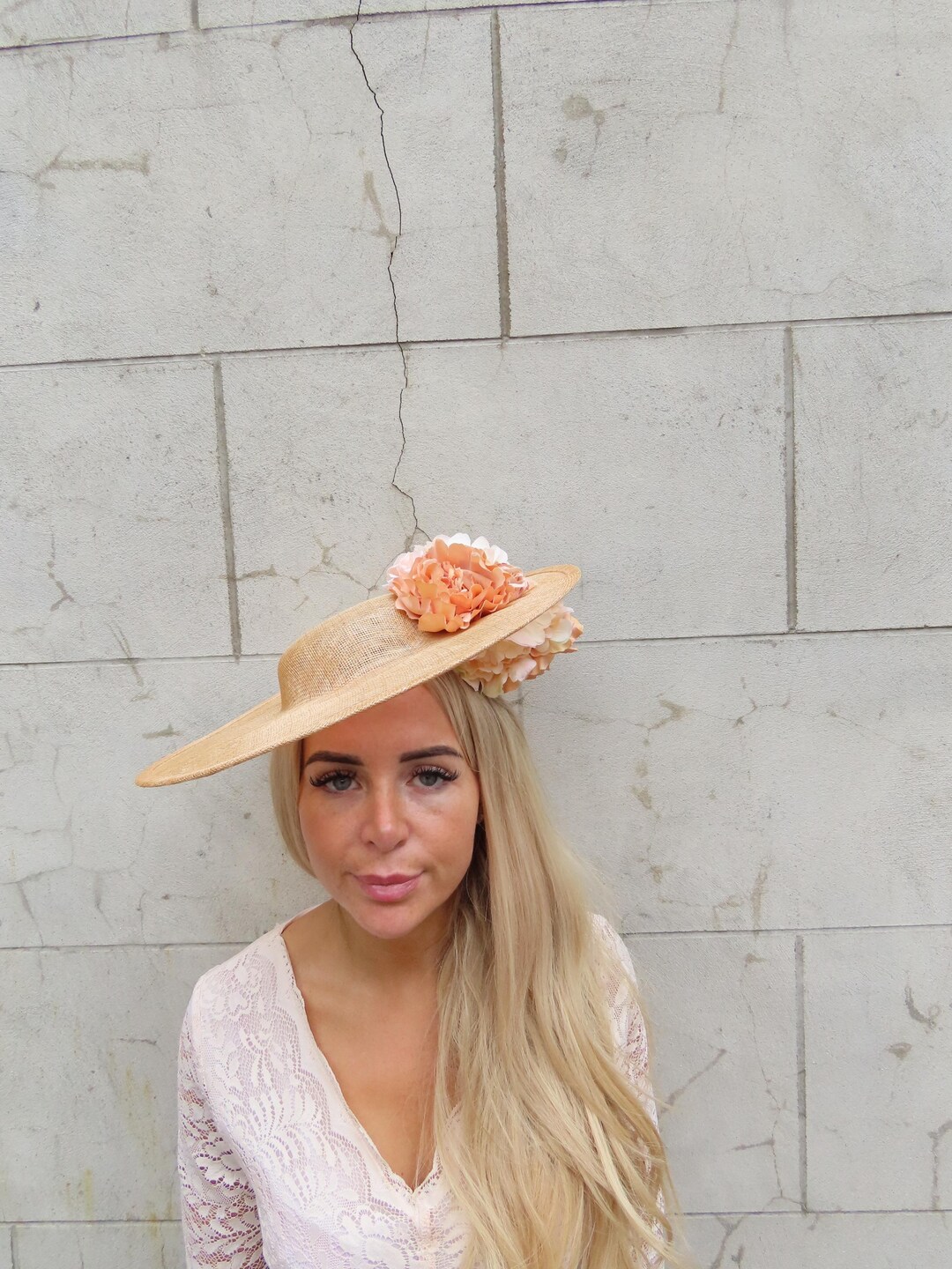 ❁GENMAI❁ Large Apricot Peach Nude Rose Flower Floral Sinamay Hat Fascinator