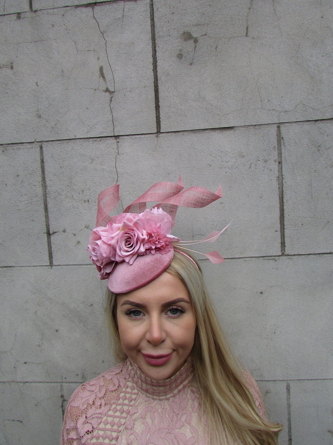 Dusky Pink Velvet Rose Flower Feather Hat Fascinator Dusty Blush Pink Hair Wedding Guest Races