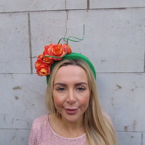 Emerald Green & Orange Fascinator Rose Flower Padded Headband Fascinator Headpiece Wedding Races Halo Hairband u12502