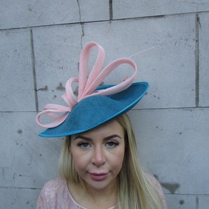 Large Blush Light Pink & Dark Turquoise Teal Blue Teardrop Fascinator Hat Headband Races Wedding Hatinator Headpiece u10201