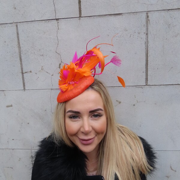 One Off Piece - Hot Pink & Orange Fascinator Feather Hat Statement Pillbox Statement Sinamay Races Wedding Guest Cerise Fuchsia u12701