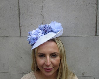 White Light Cornflower Blue Periwinkle Rose Flower Fascinator Feather Hat Disc Floral Races Wedding Hatinator sh-510