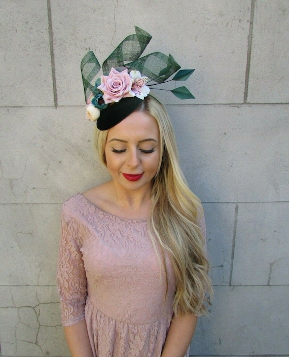 Bottle Dark Green Blush Light Pink Floral Flower Feather Hat Fascinator SH-12