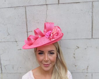 Hot Pink Fuchsia Sinamay Flower Disc Hat Hatinator Races Wedding Guest Headband Headpiece Saucer Ascot One off Piece u12705