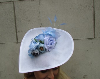 Large White Light Blue Flower Fascinator Hat Big Teardrop Tilted