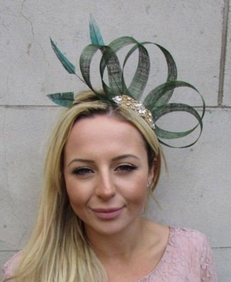 Bottle Dark Green Gold Feather Fascinator Sinamay Wedding Races Cocktail 6366 