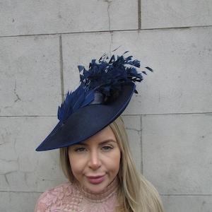 Large Navy Blue Feather Fascinator Hat Big Teardrop Wedding Mother of Bride Hatinator Headpiece Headband Occasion Races Dark Navy u1b5