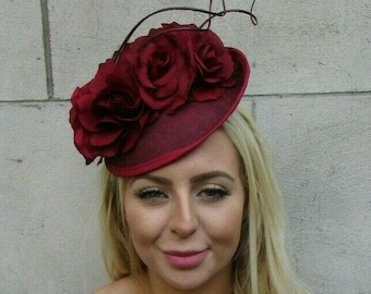 Burgundy Maroon Wine Red Rose Flower Feather Saucer Hat Fascinator Floral 7734