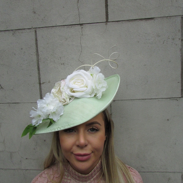Large Mint Green Cream Flower Fascinator Hat Big Teardrop Wedding Races Floral Hatinator Headpiece sh-312